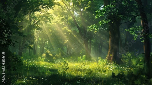 Beautiful forest panorama with bright sun shining through the trees