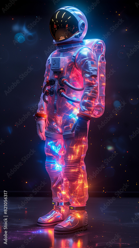 Futuristic Fashionable Astronaut in a Spacesuit. Sci-fi glowing illustration of space suit wearing male figure in neon retro-futuristic style. Suitable for posters, banners or conceptual projects. Futuristic Fashionable Astronaut in a Spacesuit. Sci-fi glowing illustration of space suit wearing male figure in neon retro-futuristic style. Suitable for posters, banners or conceptual projects.