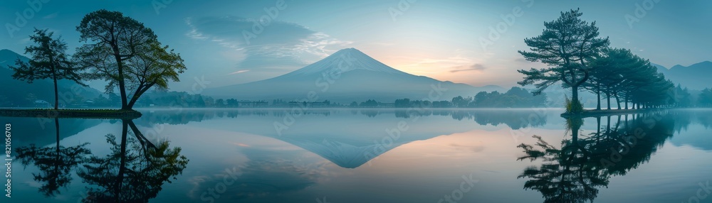 Twilight hues over Mount Fuji silhouette grace frosty Lake Kawaguchi on a peaceful evening