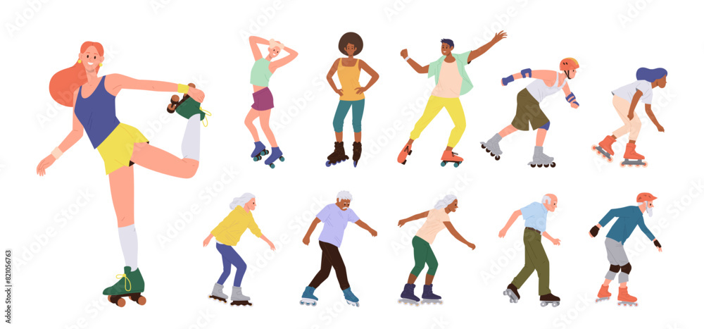 Happy young adult and senior people cartoon characters rollerblading isolated on white background