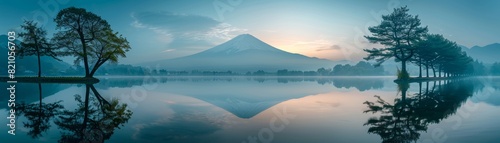 Twilight hues over Mount Fuji silhouette grace frosty Lake Kawaguchi on a peaceful evening