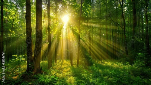 Beautiful forest panorama with bright sun shining through the trees