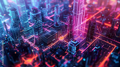 Design a digital cityscape within a hexagon framework, reflecting the intersection of innovation and urban development in a futuristic setting.