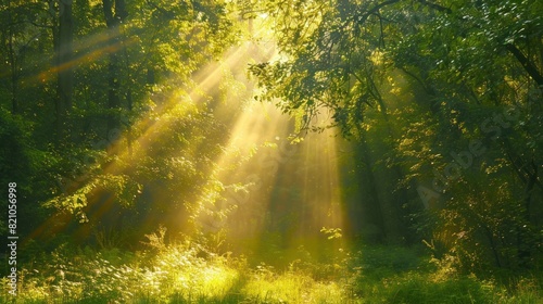 Beautiful forest panorama with bright sun shining through the trees