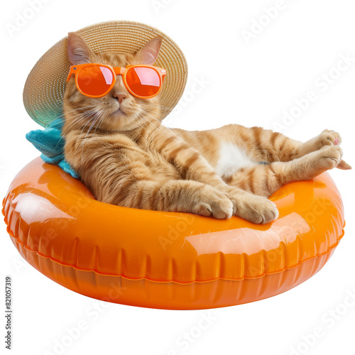 Orange cat relaxing on a swimming pool float, while wearing orange sunglasses and beach hat, transparent background photo