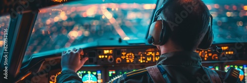 A focused pilot operating a commercial airliner's cockpit with numerous illuminated dials and controls during a night flight photo