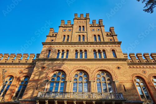 Chernivtsi National University. Metropolitans wing of ex Residence of Bukovinian and Dalmatian ones. Byzantine and Moorish architecture. Postcard style. photo