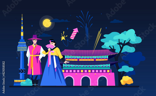 Come to rest in South Korea - modern colored vector illustration with Seoul TV Tower, female and male hanbok national costume, Korean Palace Complex, night, neon street, moon, summer nature idea