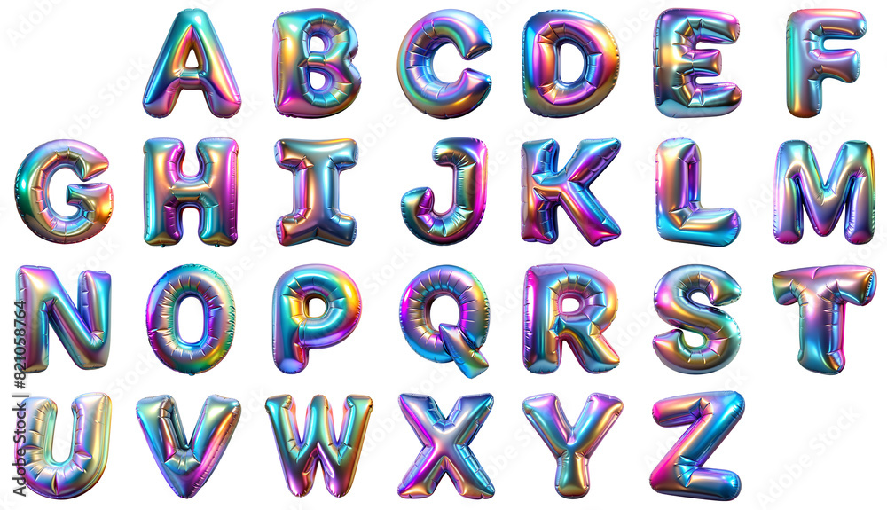 Alphabet in the shape of 3D balloons with a glossy holographic finish in vibrant colors on a transparent background. Alphabet in the shape of 3D balloons with a glossy holographic finish in vibrant colors on a transparent background.