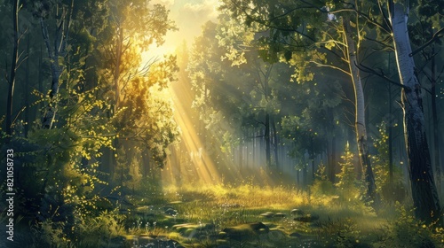 Beautiful forest panorama with bright sun shining through the trees