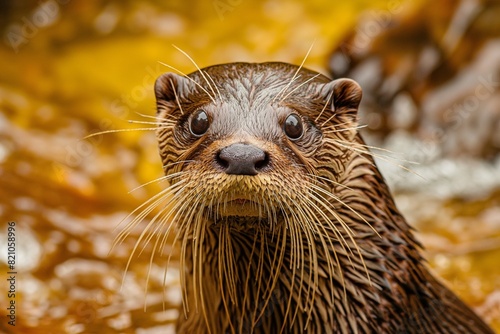 A close-up portrait of an otter swimming in a river, looking towards the camera. Horizontal. Space for copy.