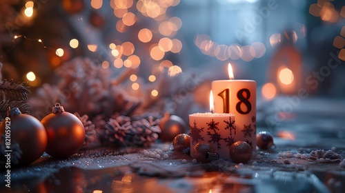 An atmospheric composition featuring a candle shaped as the number "18," set against a backdrop of twinkling fairy lights, creating a magical ambiance