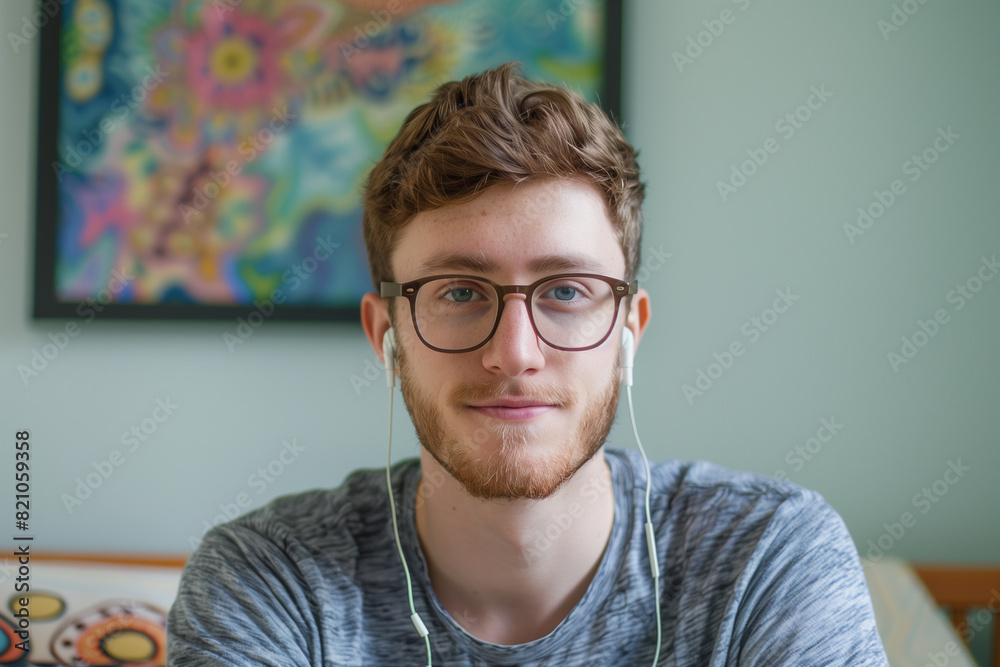 Young Man with Headphones in Modern Room. Young Man with Headphones in Modern Room.