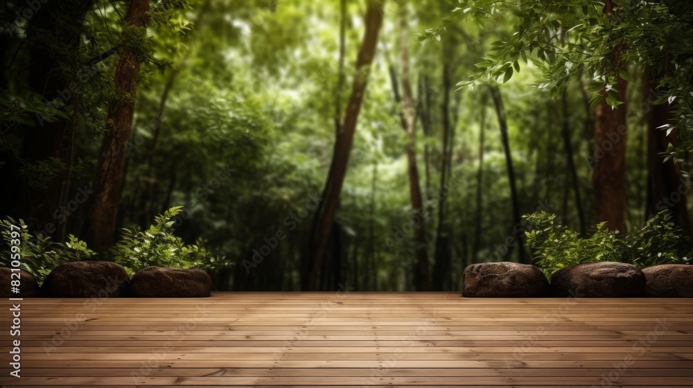 Fototapeta premium Natural wooden stage, forest escape, close up, focus on the texture, theme of simplicity, dynamic, blend mode, backdrop of leafy surroundings