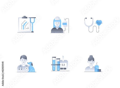 Health problems and treatment - flat design style icons set. High quality images of broken leg, crutch, IV and nurse, stethoscope, veterinarian and dog, blood test tube, medical nutrition idea