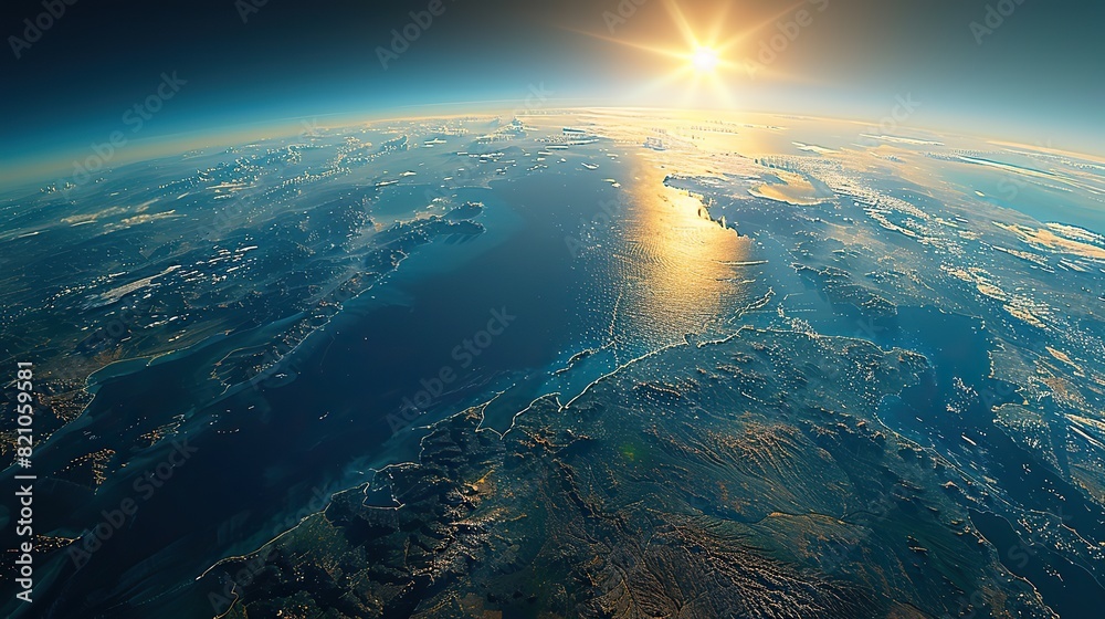 physical map of planet earth focused on mediterranean sea satellite view of southern europe and north africa sun shining on the horizon elements of this image furnished .stock photo