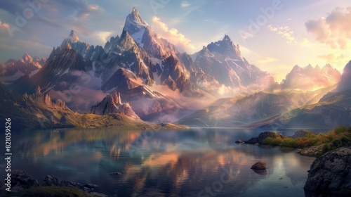 A breathtaking view of a majestic mountain range reflecting in a tranquil lake with mist and sunlight creating a serene atmosphere.