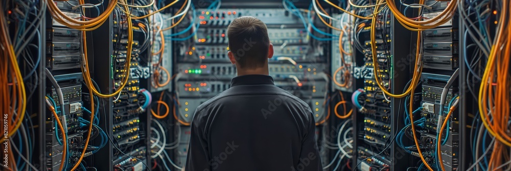 A technician standing amidst complex network equipment in a large server room full of cables and lights