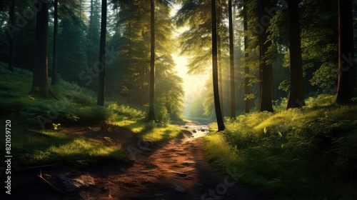 Beautiful forest panorama with bright sun shining through the trees © Art Wall