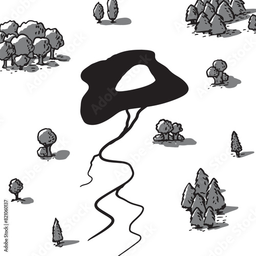 Old map ink drawing vector illustration. Landscape with a river and trees top view. Black and white