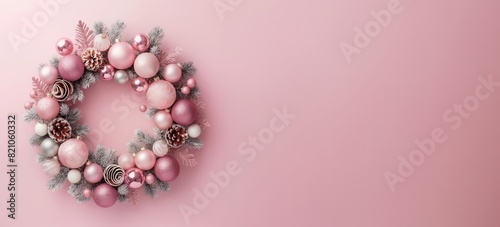 a pink christmas wreath on a pink background, christmas concept, copy space, flat lay, top view