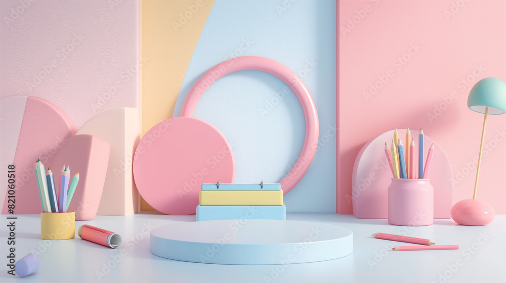 3d rendering concept colorful themes of back to school . educational background with copy space surround by kids merchandise catalog, calendar , pens, erasers, books , childlike, desk, School supply 3d rendering concept colorful themes of back to school . educational background with copy space surround by kids merchandise catalog, calendar , pens, erasers, books , childlike, desk, School supply