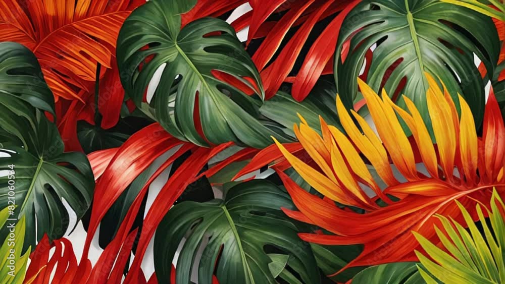 vivid tropical leaves against a striking white background in shades of ...