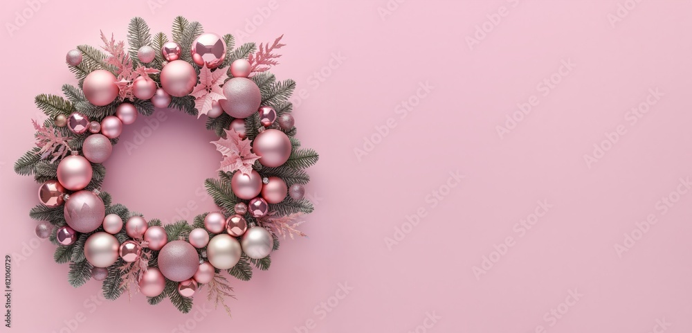 a pink christmas wreath on a pink background, christmas concept, copy space, flat lay, top view a pink christmas wreath on a pink background, christmas concept, copy space, flat lay, top view