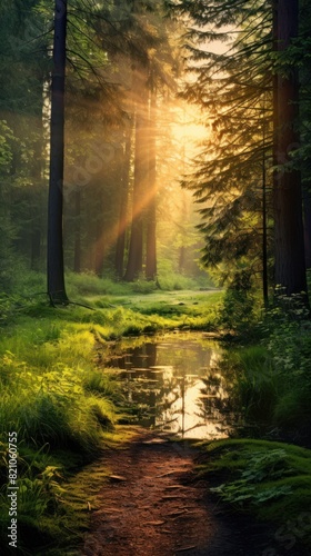 Beautiful forest panorama with bright sun shining through the trees