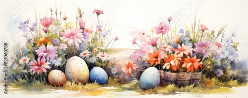 Beautiful watercolor painting of Easter eggs and colorful flowers  perfect for spring celebration and festive home decor.