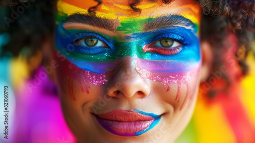 A close-up of a person with colorful rainbow face paint  showcasing a joyful expression