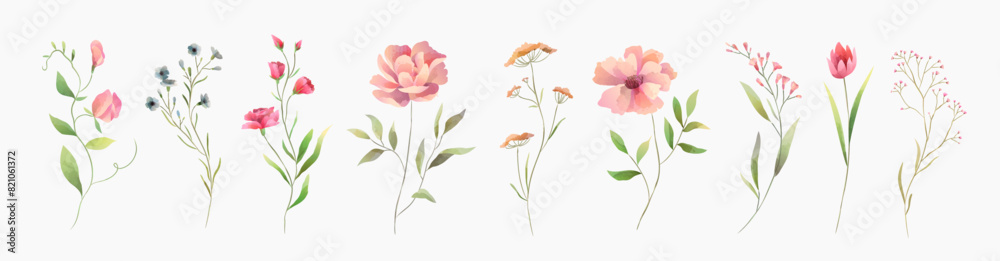 Set of luxury green leaves and flowers elements in watercolor style. Aquarelle trendy greenery branches and blooming. Vector isolated on white background for Invitation, greeting