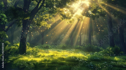 Beautiful forest panorama with bright sun shining through the trees