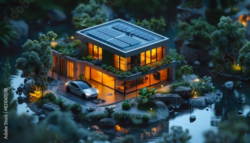 High resolution 4K smart home with rooftop solar panels and electric car, clean energy, green energy, renewable energy