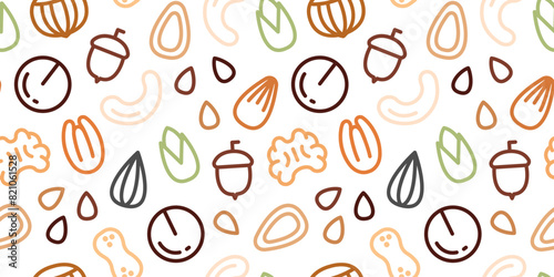 Nut seamless pattern. Flat line icons background with hazelnut, pecan, almond, chestnut, macadamia, pumpkin seeds, pistachio, walnut, peanut. Organic Food. Vector repetition background