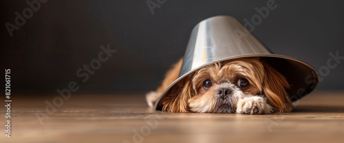 A Sick Shih Tzu, Wearing A Vet Plastic Elizabethan Collar, Lies Sadly, Evoking Sympathy And The Need For Care, Standard Picture Mode photo