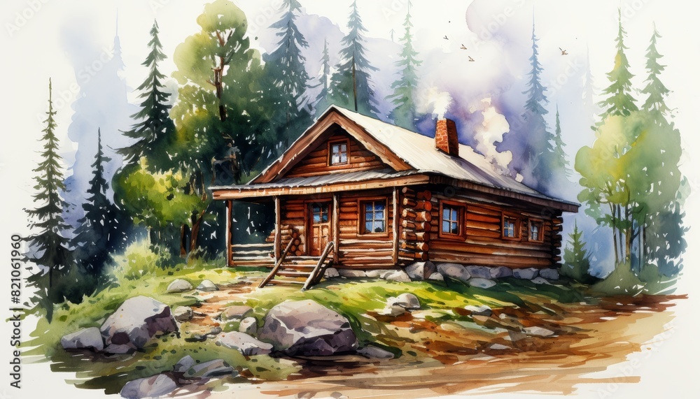 Obraz premium Charming watercolor of a cozy wooden cabin in a forest setting, perfect for relaxation and immersion in nature.