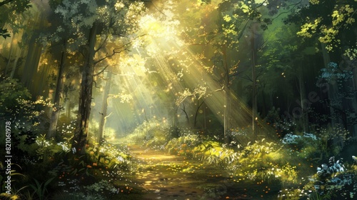 Beautiful forest panorama with bright sun shining through the trees © Art Wall