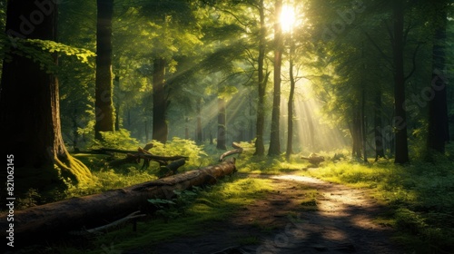 Beautiful forest panorama with bright sun shining through the trees