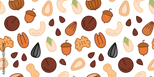 Seamless Pattern with Nuts and Seeds. Background with Various Nuts. Peanuts, Pistachios, Almonds, Hazelnuts, Walnuts, Pecans, Cashews. Vector illustration in flat style