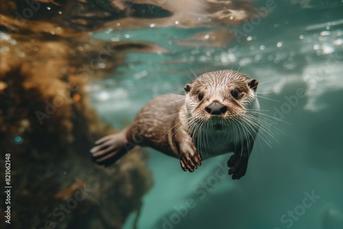 A close-up portrait of an otter swimming underwater, looking towards the camera. Horizontal. Space for copy.