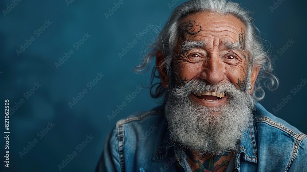 A vibrant and content elderly hipster with a muscular physique, infectious smile adorned with tattoos, exudes a positive outlook while unwinding against a deep blue backdrop.stock image A vibrant and content elderly hipster with a muscular physique, infectious smile adorned with tattoos, exudes a positive outlook while unwinding against a deep blue backdrop.stock image