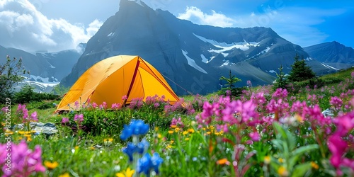 Summer camping in mountains with yellow tent wildflowers and hiking adventures. Concept Camping  Mountains  Yellow Tent  Wildflowers  Hiking Adventures