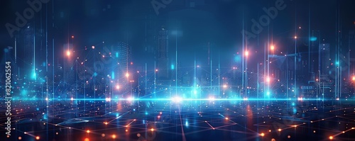 Futuristic digital landscape with glowing lights and data streams representing advanced technology and innovation in a high-tech environment.