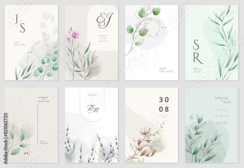 Set of floral invitation save the date card with watercolor branch and flowers. Luxury vintage botanic template layout design, brochure or cover