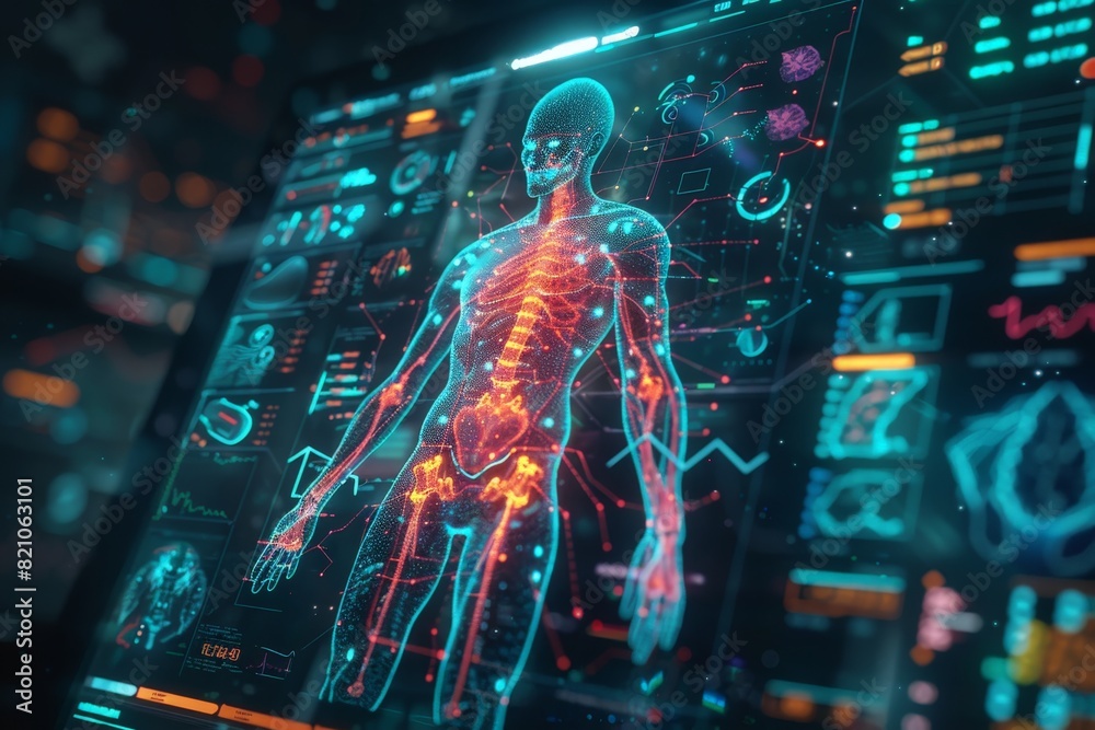 A futuristic digital display showing detailed human anatomy with glowing data points, highlighting internal organs and systems. A futuristic digital display showing detailed human anatomy with glowing data points, highlighting internal organs and systems.