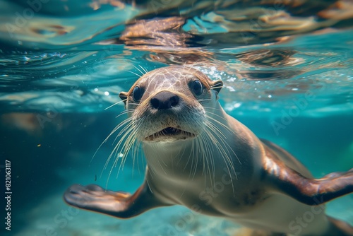 A close-up portrait of an otter swimming underwater, looking towards the camera. Horizontal. Space for copy. photo