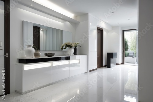 Modern High Gloss Frosty White Foyer Design with Stepped Storage Unit