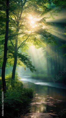 Beautiful forest panorama with bright sun shining through the trees