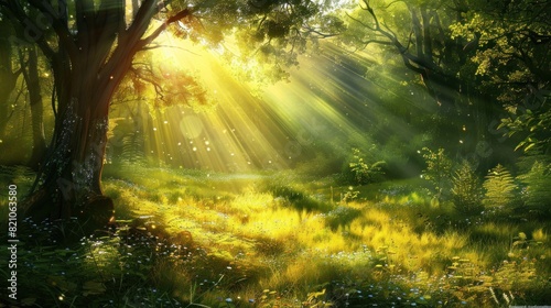 Beautiful forest panorama with bright sun shining through the trees